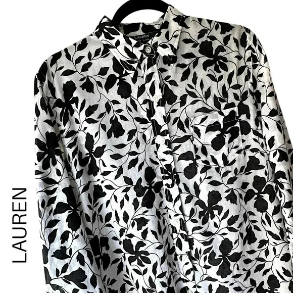 LAUREN RALPH LAUREN | WOMEN’S TUNIC TOP | BLACK WHITE FLORAL | SIZE: LARGE - Picture 1 of 11